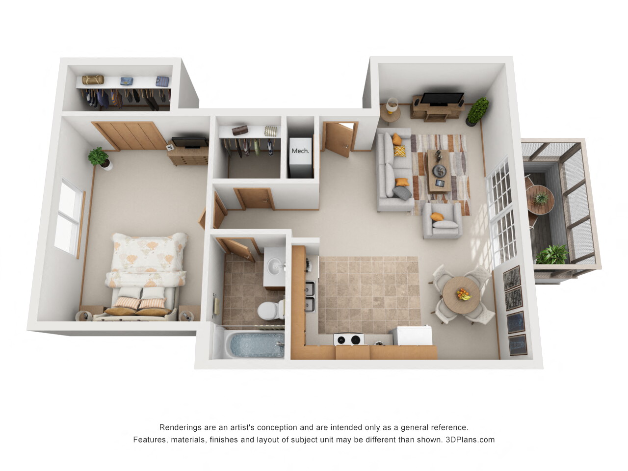 Floor plan for 1 bed, 1 bath, 750 sqft